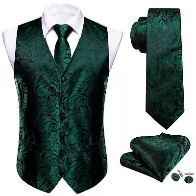 Barry Wang Mens Waistcoat Silk Paisley Floral Solid Vest Tie Set Wedding Casual • $21.61