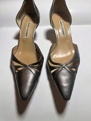 MANOLO BLAHNIK Metallic Silver Gray Slip-on D'Orsay Heel Sz 8.5 US • $98