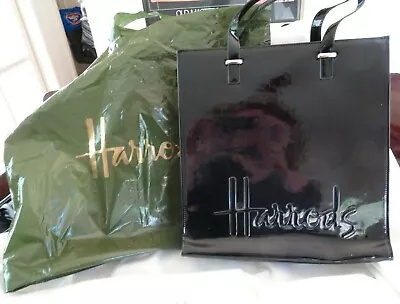 Harrods Womens Hand Bag With Logo Black Patent Finish Plus Carry Bag New  • $128
