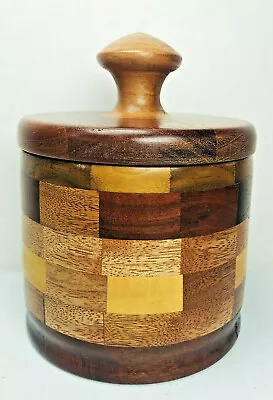 Vintage Wood Handmade Box Round SIGNED Cherry Lid Inlay Bucket Marquetry Turned • $68.98