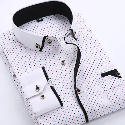 Mens Dress Shirts Long Sleeves Formal Business Slim Non Iron Dot Casual Shirts • $17.05