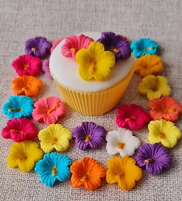 30 X Fondant Hibiscus Tropical Flowers Hawaiian Edible Cake • £11.45