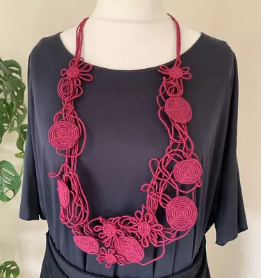Rare Playful Art To Wear Zuza Bart Crocheted Linen Fuchsia Pink Large Necklace • £79.99