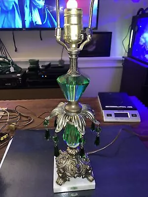 Vintage Table Lamp Green Swag Crystals Lucite Brass Finish Hollywood Regency • $99