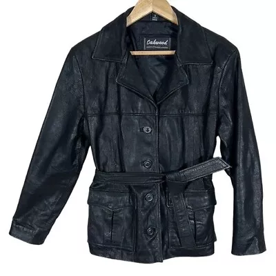 OAKWOOD Jacket Coat Outerwear Women Small Black Leather Collar Button Up Closure • £37.59