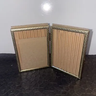 Vintage Ornate Double Picture Frame Gold Tone Hinged Metal Folding 3.5  X 5  • $9