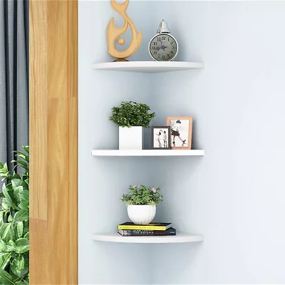 Set Of 3 White Floating Corner Shelf Shelves Wooden Wall Storage Display Shelf • £12.49