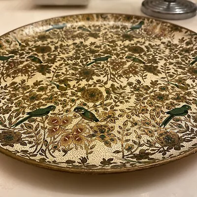 Japanese Paper Mache Tray Green Birds Gold Flowers Round Alcohol Proof 10.75”Vtg • $15