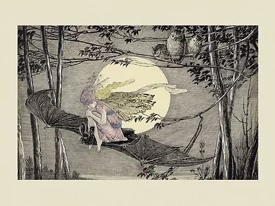 Fairy Girl Bat Owls Halloween  Moon Vintage Poster Repro FREE SHIPPING • $17.90