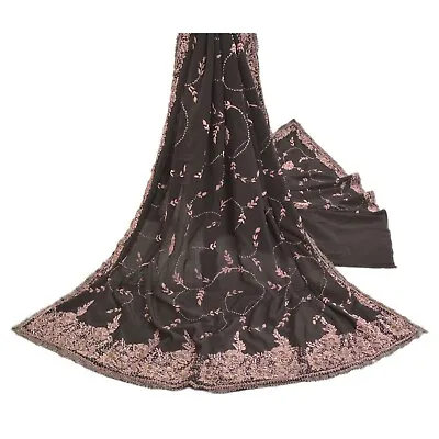 Sanskriti Vintage Black Dupatta 100% Pure Silk Hand Beaded Zardozi Stole • $95