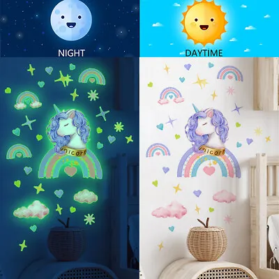 Rainbow Unicorn Glow In The Dark Stars Wall Heart Stickers Kids Room DIY Decor • $13.99