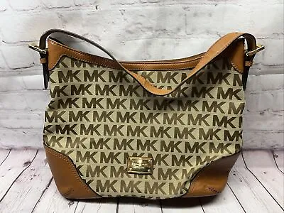 Michael Kors Millbrook Signature Jacquard Large Tan Shoulder Hobo Bag Leather • $59.99