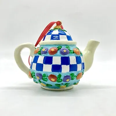 Mary Engbelbreit Christmas Ornament Teapot Mini Blue White Check Floral 90s Vtg • $11.99