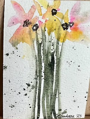 $3.99 • Buy Original Watercolor Painting ACEO. Art Card. Abstract Flowers.Floral. Pink, Gold