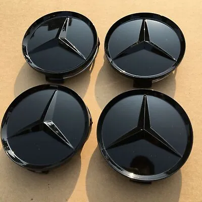$18.59 • Buy 4x Mercedes Benz Wheel Center Caps 75mm Glossy BLACK Rim Emblem Hubcap Cover 3 