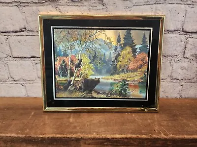 Vintage Foil Art Grizzly And Cubs Mountains Fall Landscape Bears Wall Picture • $29.99