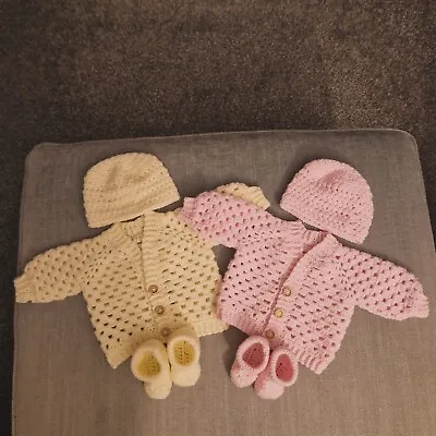 HAND KNIT (CROCHET) Pink & Lemon BABY SET/BABY SHOWER GIFT - 0-3MNTHS NEWBORN • £15