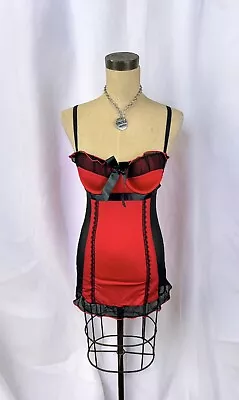 Red Black Babydoll Lingerie Top Y2K Goth Lolita Steampunk Coquette Bows Emo M • $24.88