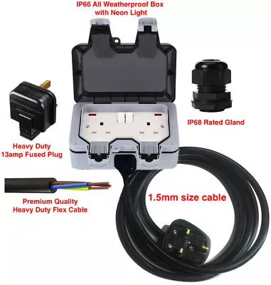 Outdoor/Outside Garden Extension Lead Socket Box IP66 Rated 1m -100m Black Cable • £119.99