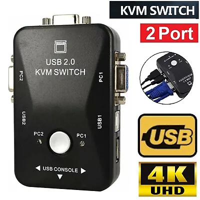 2 Port VGA KVM Switch Box 4K 60Hz Switcher Box For Mouse Keyboard Sharing HUB AU • $19.49