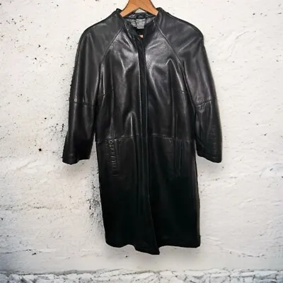 Danier Vintage Leather Black Midi Trench Coat 3/4 Sleeve Size  6/8 • $55