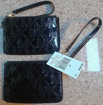 Nwt Michael Kors Jet Set Black Sm Sig Wristlet Mirr Metallic Msrp 68.00 • $39.99