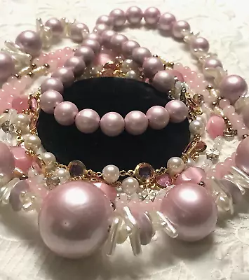 PINK Mixed Bead Styles ChunKy Bezel Faux Pearl Lovely 4 Pc VtG NecKlace LOT • $5.75