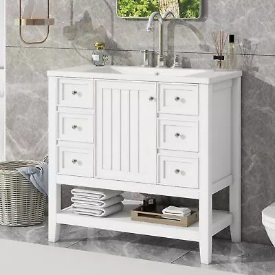 36  Bathroom Vanity Cabinet Top Ceramic Sink Combo Freestanding Vanity W/Drawers • $269