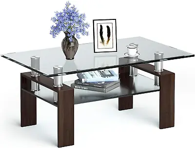 Rectangular Glass Coffee Table Modern Side Coffee Table W/Lower Shelf Tempered • $147.86