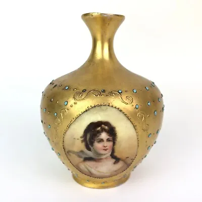 Antique 1908 Vienna Portrait Gold Porcelain Bud Vase 4-3/8  Signed Cusick • $185