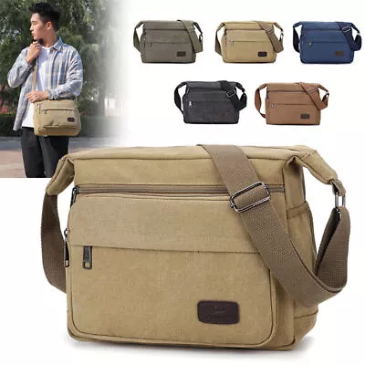 Messenger Shoulder Bag Canvas Crossbody Bag Men Multi Pockets Plain Satchel Bags • £12.29