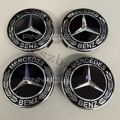 SET OF 4 Mercedes-Benz Classic Black 75MM Wheel Rims Center Hub Caps AMG Wreath • $16.14