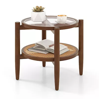 2-Tier Round PE Rattan End Table Tempered Glass Tabletop Acacia Wood Legs • $79.99