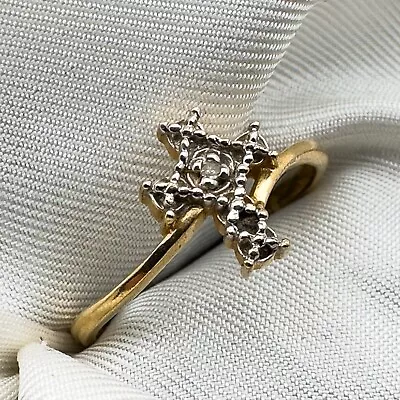 9ct Vintage Yellow Gold  Textured Cross Diamond Ring Size Q1/2 Hallmarked • £79.99