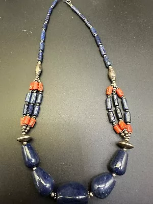 Vintage Sterling Silver Genuine Coral Blue Lapis Lazuli Beaded Necklace 18” 45g • $28.90