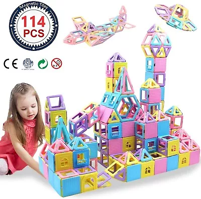 Magnetic Tiles Building Block Stacking Toys For Kids 114Pс Set Shapes Colors Kit • $42.37