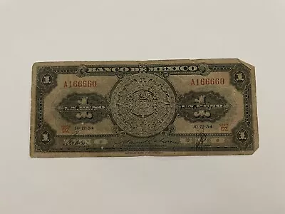 Mexican Bank Note: El Banco De Mexico S.A. 1954 1 Pesos Serie DZ No. A166660 • $1.25