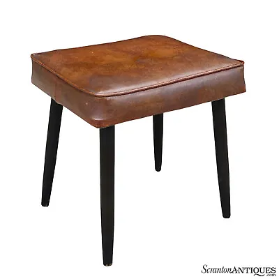 Mid-Century Upholstered Brown Vinyl Footstool Ottoman • $180