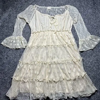 A'reve Women's Size L Lace Lined Dress Long Sleeve Cream Insets Scoop Neck • $21