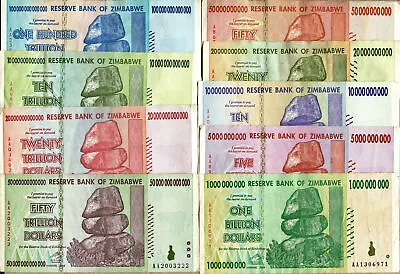 Zimbabwe 1 Billion To 100 Trillion Dollars Banknotes 2008 Full Set VF Currency • $548.90