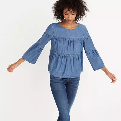 Madewell | Medium | Flowy Chambray Denim Tiered Button-Back Top Blouse Shirt • $20