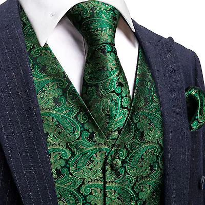 Mens Vest Suit Paisley Floral Waistcoat Blue Black Gold Silk Tie Set Jacket • $24.99