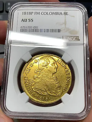 Colombia Ferdinand VII Gold 8 Escudos 1818 P FM NGC AU55 • $2999