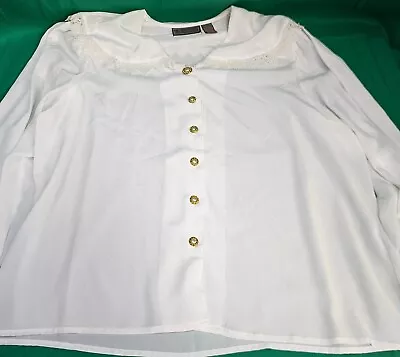 VTG Liz Baker Sheer White Blouse High Lace Collar Pleated Long Sleeve Size 20w • $18.94