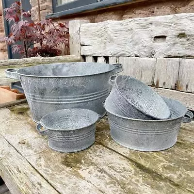 Zinc Tub Planter Bowl W Handles Rustic Grey Galvanised Metal Garden Plant Pot • £13