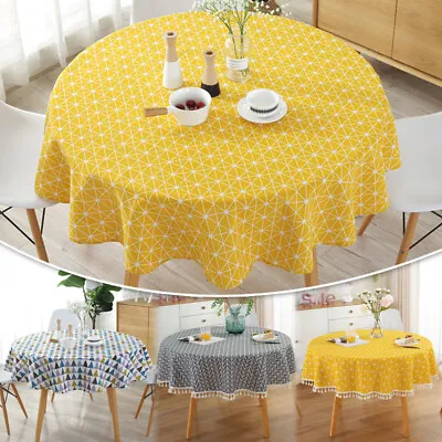 $31.88 • Buy Geometric Cotton Linen Round Table Cloth Tassel Trim Dining Table Cover HomeDeco