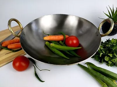 12'' Inch Heavy Duty Iron Karahi Kadai Wok Balti Dish With Handles Round Base • £16.99