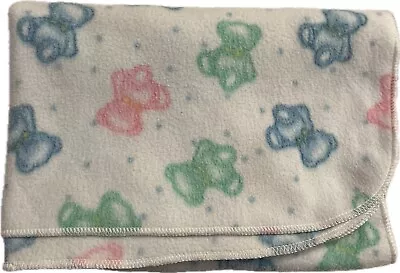 Vintage Springmaid Fleece Baby Blanket Pastel Pink Green Blue Teddy Bears HTF • $75