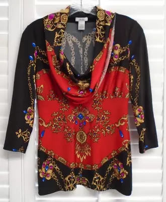 $19.99 • Buy CACHE Red Multicolor Gold Chain Jeweled Print 3/4 Sleeve Cowl Neck Top Blouse XS