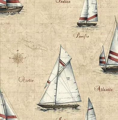 Wallpaper Nautical Off White Blue Red Sailing Ships On Cream Map  56 Sq Ft Bolt • $37.49